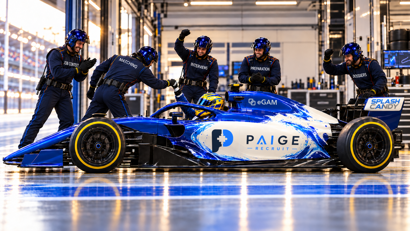 PAIGE Recruit car with its approved puzzle-P wordmark, eGAM on the intake and SplashCandy on the rear wing. The crew wear Job Context, Matching, Interviews, Preparation and Dossiers.